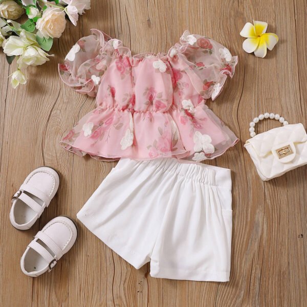 Liuliukd | Girls Floral Mesh Tops and Shorts Set-Pink-Kids