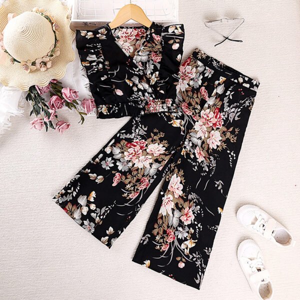 Liuliukd | Girls Flower Vest & Trousers Set-Black-Teenager