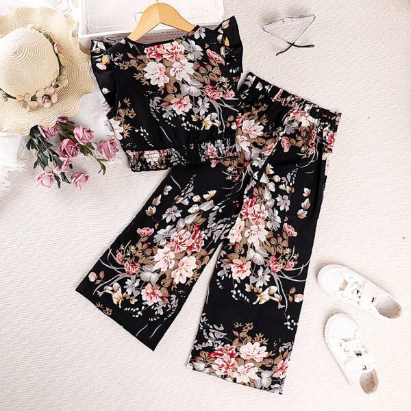 Liuliukd | Girls Flower Vest & Trousers Set-Black-Teenager