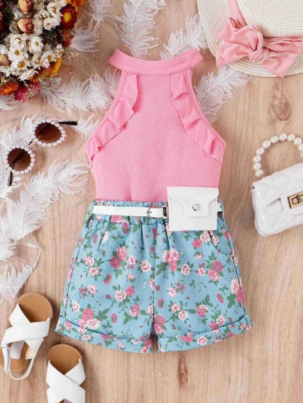 Liuliukd | Girls Halter Vest and Floral Shorts Set-Pink-Kids