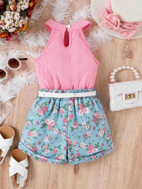 Liuliukd | Girls Halter Vest and Floral Shorts Set-Pink-Kids
