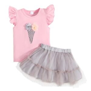 Liuliukd | Girls Ice Cream T Shirt & Mesh Skirt Set-Kids