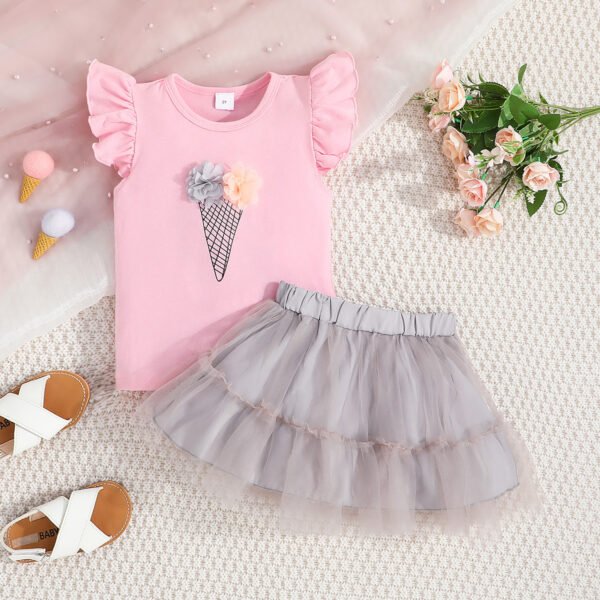 Liuliukd | Girls Ice Cream T Shirt & Mesh Skirt Set-Pink-Kids
