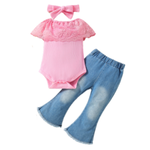 Liuliukd | Girls Lace Romper & Denim Flare Pants Set-Baby