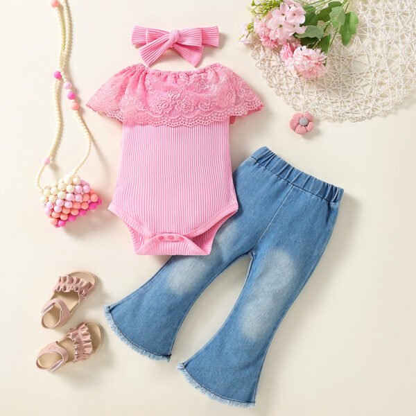 Liuliukd | Girls Lace Romper & Denim Flare Pants Set-Pink-Baby