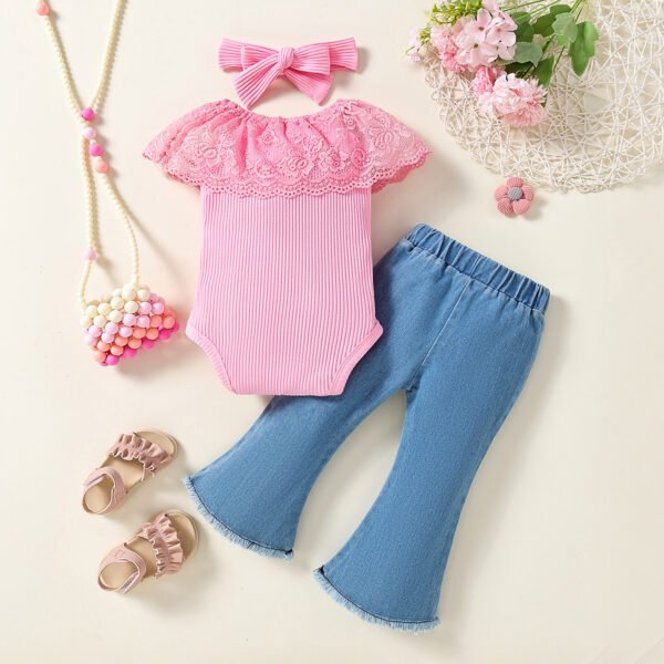 Liuliukd | Girls Lace Romper & Denim Flare Pants Set-Pink-Baby