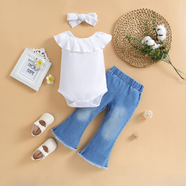 Liuliukd | Girls Lace Romper & Denim Flare Pants Set-White-Baby