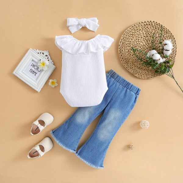 Liuliukd | Girls Lace Romper & Denim Flare Pants Set-White-Baby