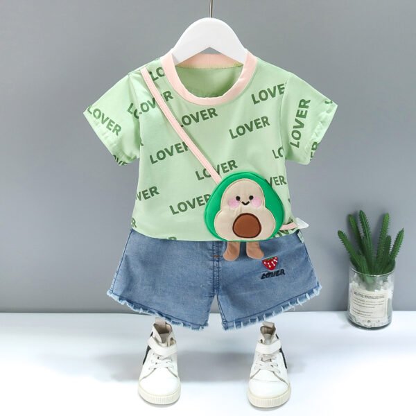 Liuliukd | Girls Love T Shirt & Denim Shorts Set-Green-Kids