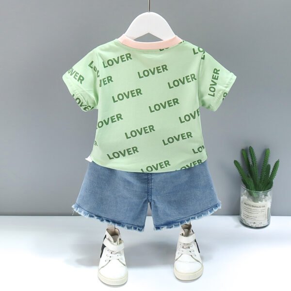 Liuliukd | Girls Love T Shirt & Denim Shorts Set-Green-Kids