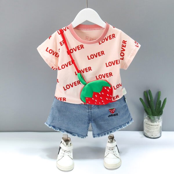 Liuliukd | Girls Love T Shirt & Denim Shorts Set-Pink-Kids