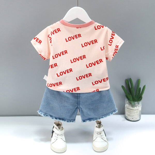 Liuliukd | Girls Love T Shirt & Denim Shorts Set-Pink-Kids
