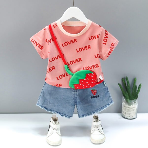 Liuliukd | Girls Love T Shirt & Denim Shorts Set-Red-Kids