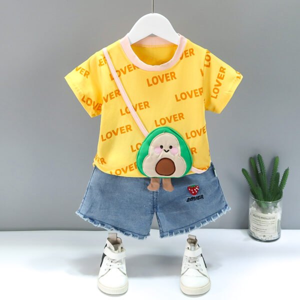 Liuliukd | Girls Love T Shirt & Denim Shorts Set-Yellow-Kids