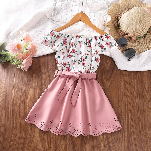 Liuliukd | Girls Off Shoulder Floral Tops and Skirt Set-Pink-Kids