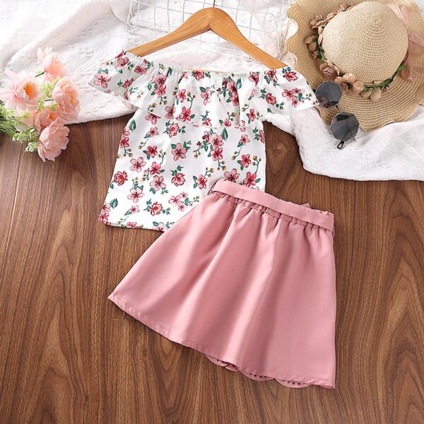 Liuliukd | Girls Off Shoulder Floral Tops and Skirt Set-Pink-Kids
