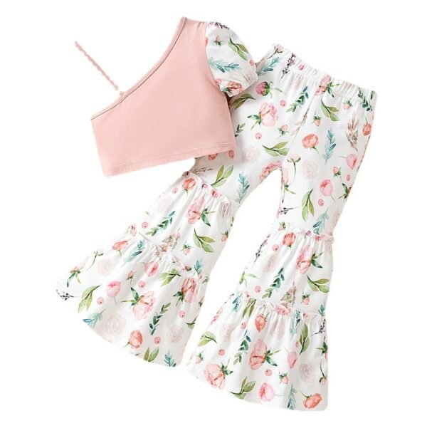 Liuliukd | Girls One Shoulder Tops and Floral Pants Set-Kids