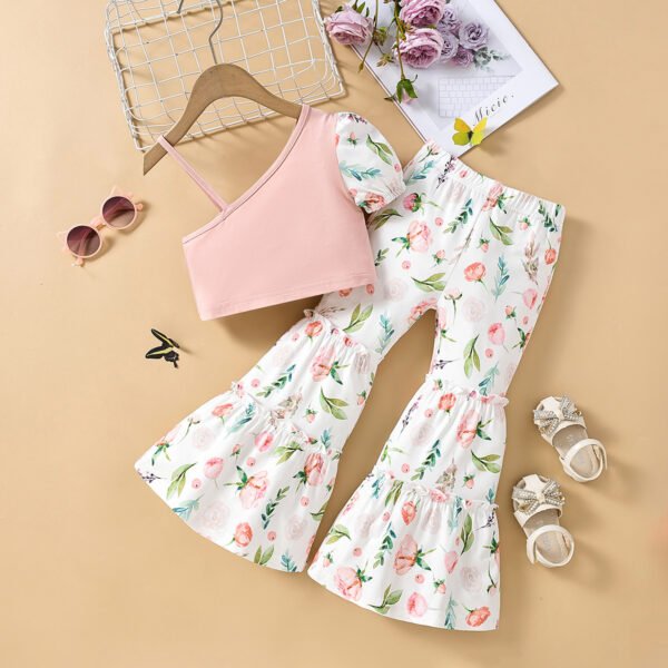 Liuliukd | Girls One Shoulder Tops and Floral Pants Set-Pink-Kids