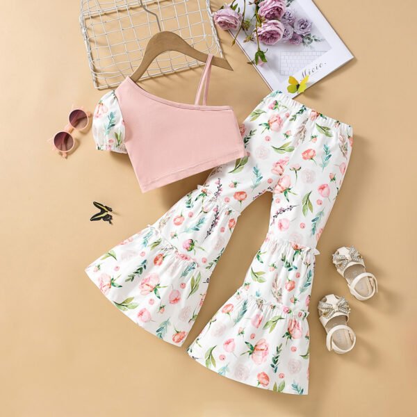 Liuliukd | Girls One Shoulder Tops and Floral Pants Set-Pink-Kids