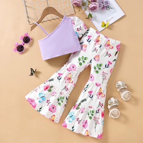 Liuliukd | Girls One Shoulder Tops and Floral Pants Set-Purple-Kids