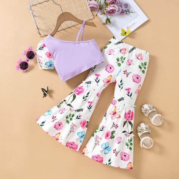 Liuliukd | Girls One Shoulder Tops and Floral Pants Set-Purple-Kids