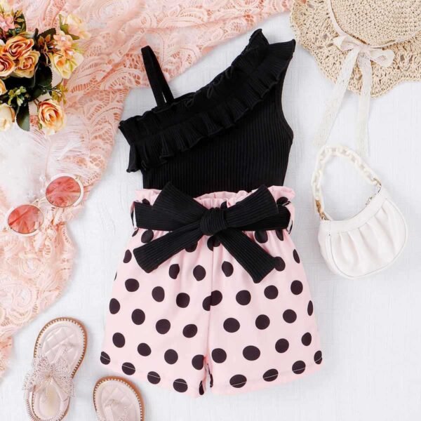 Liuliukd | Girls One Shoulder Vest & Polka Dot Shorts Set-Black-Kids