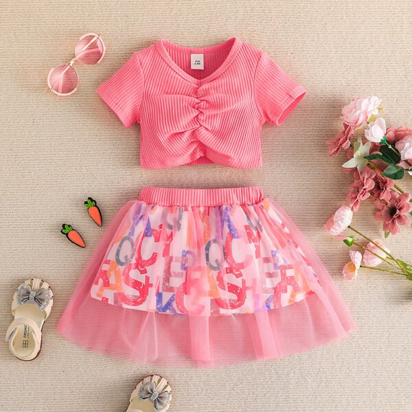 Liuliukd | Girls Ruched T Shirt & Letter Mesh Skirt Set-Pink-Baby