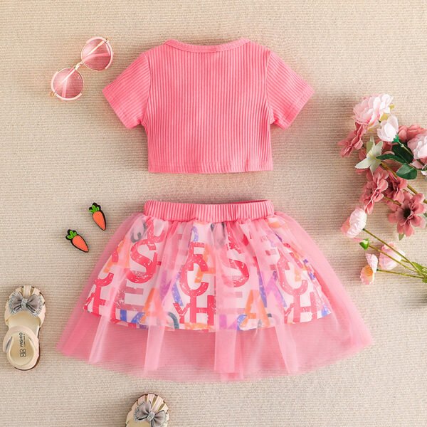 Liuliukd | Girls Ruched T Shirt & Letter Mesh Skirt Set-Pink-Baby