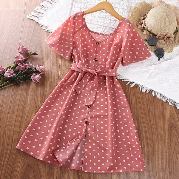 Liuliukd | Girls V Neck Polka Dot Dress-Pink-Teenager