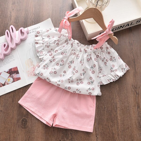 Liuliukd | Girls Off Shoulder Floral Tops & Shorts Set-Pink-Kids