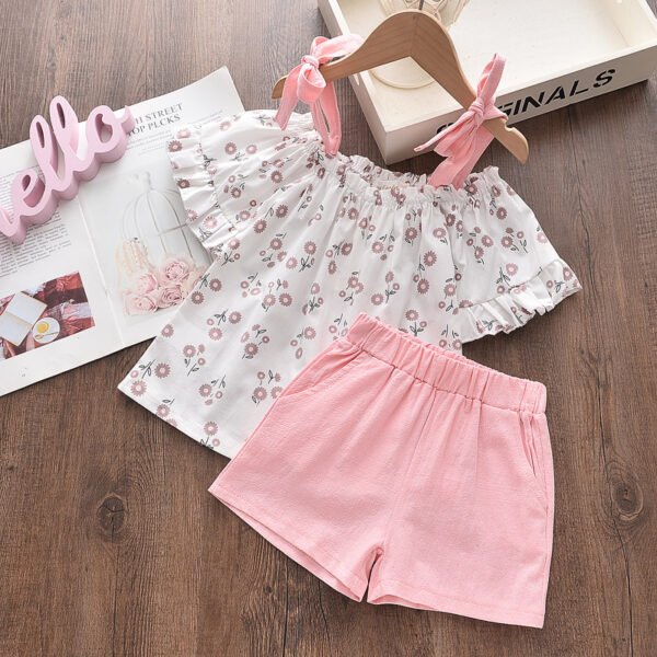 Liuliukd | Girls Off Shoulder Floral Tops & Shorts Set-Pink-Kids
