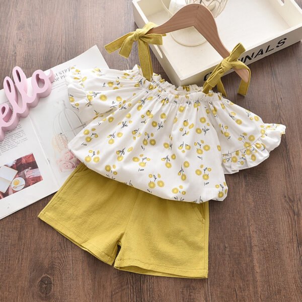 Liuliukd | Girls Off Shoulder Floral Tops & Shorts Set-Yellow-Kids